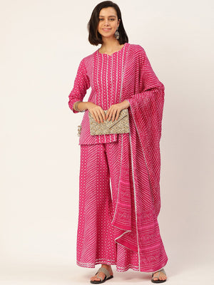 Sajeya Printed Cotton Pink Leheriya Kurti with Pyjama for Womens & Girls